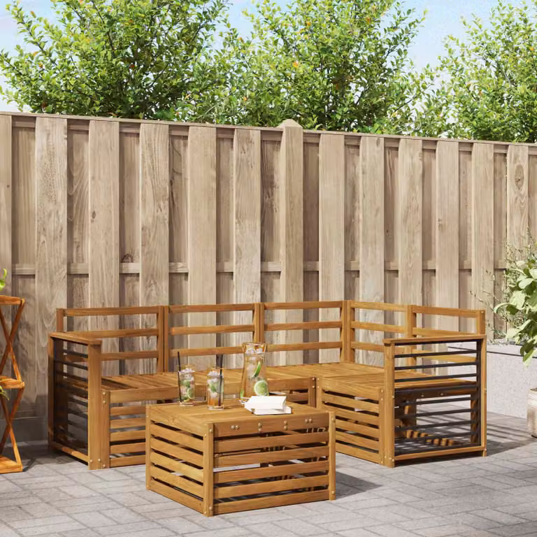 Set di divani da esterno vidaXL a forma di L composto da 5 pezzi in legno di acacia con cuscini in poliestere bianco e marrone per giardino e terrazza