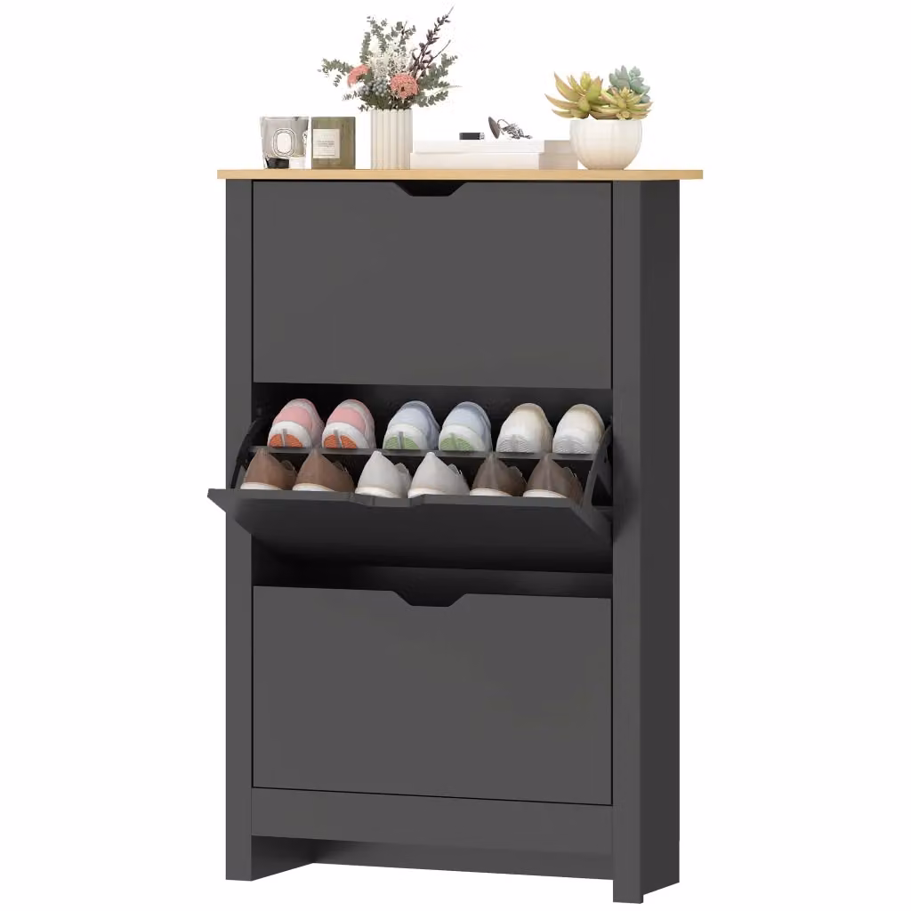 Armadio per scarpe moderno con 3 ante abattenti e 2 compartimenti, colore Nero Rovere, L: 112 cm, P: 26 cm, H: 26 cm – 2