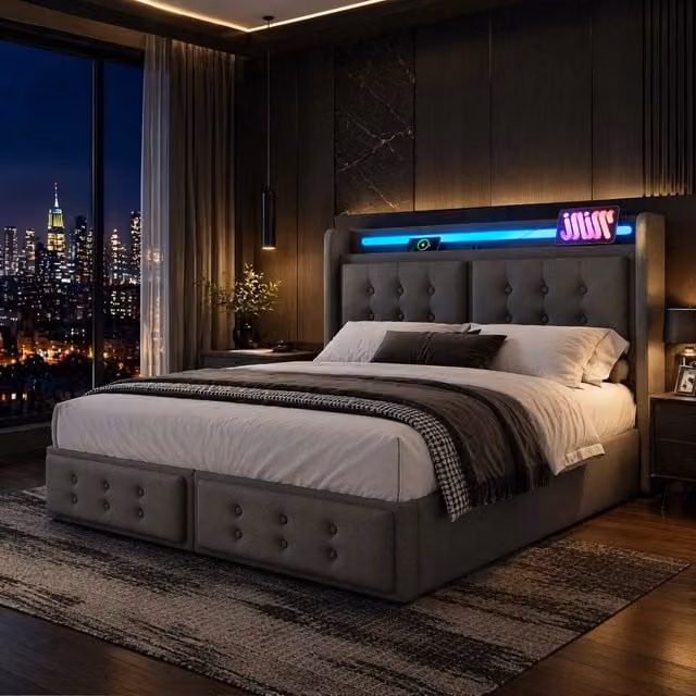 Letto matrimoniale 140x200 cm con contenitore; LED; prese e porte USB Type-C; grigio