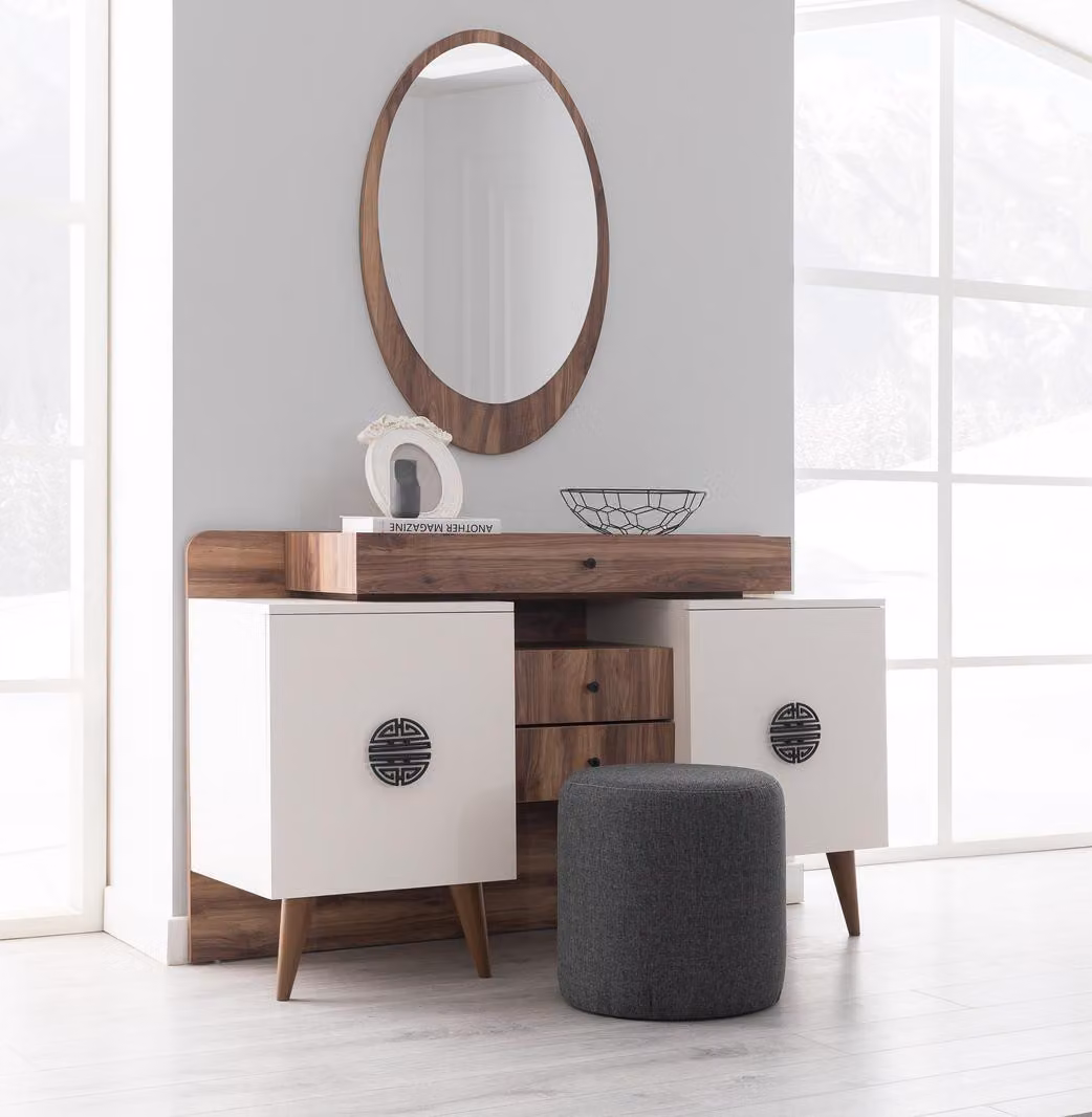 Braun-Weißer Schminktisch Mit Spiegel Luxuriöse Schlafzimmer Holz Möbel