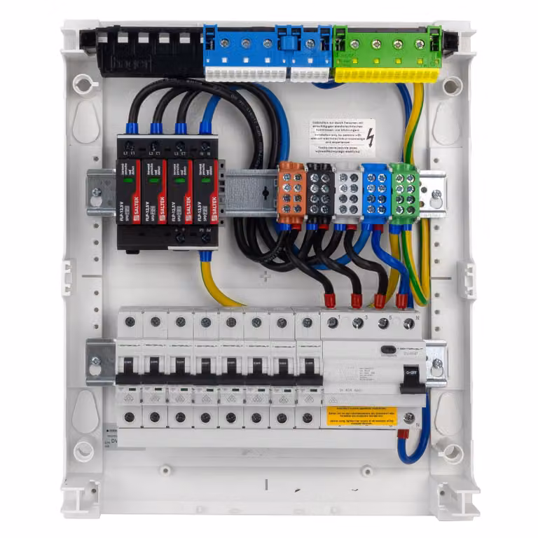 Scatola portafusibili Scatola di distribuzione da superficie Hager 2x12 moduli 8xMCB 1xRCCB Protezione contro le sovratensioni VDE Scatola di distribuzione cablata fusibili 370x305x96,5 mm