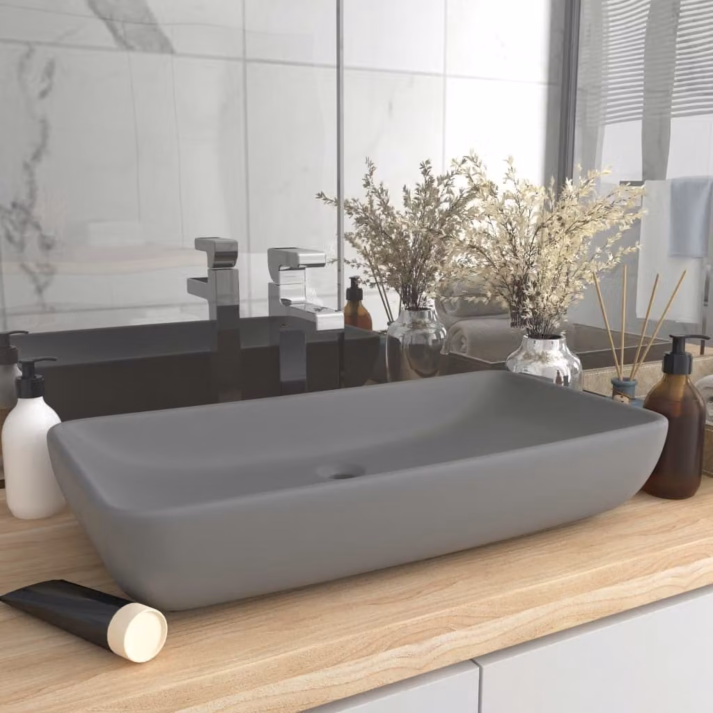 The Living Store Lavabo rettangolare grigio chiaro opaco 71x38 cm in Vetroceramica