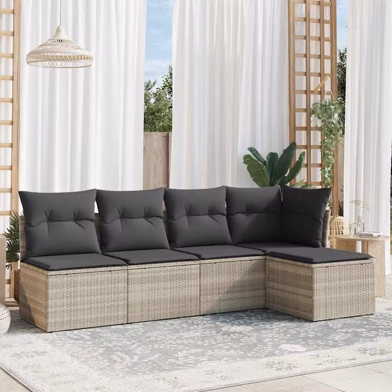 vidaXL Set Divano da Giardino a L in Polyrattan Grigio con Cuscini e Ottoman