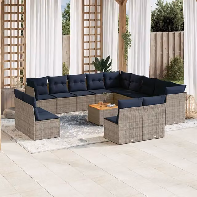 Set di Divani da Giardino a Forma di U vidaXL in Polyrattan Grigio e Blu con Cuscini e Tavolino da Esterno – 1