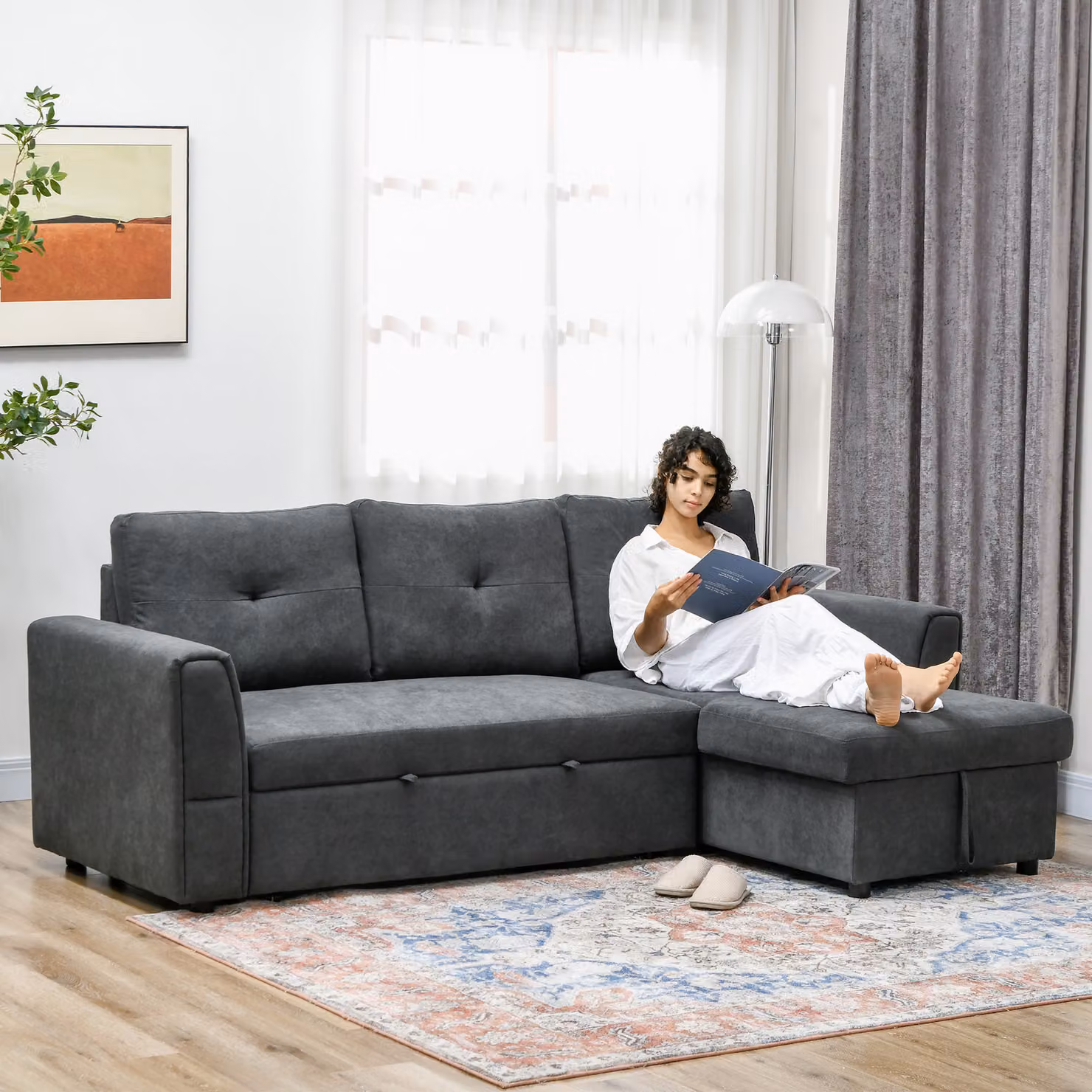 Divano Letto 3 Posti HOMCOM con Chaise Longue e Funzione Letto, Grigio Scuro – 2