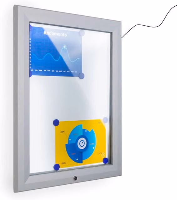 Bacheca da esterno con apertura a ribalta GIORDANOSHOP in alluminio con LED, colore silver e bianco, L: 58,5 cm, H: 76 cm, P: 4,7 cm