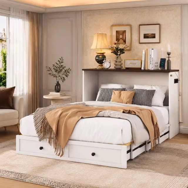 Letto trasformabile ULEVR 140x200 cm in armadio, con cassetti, ripiano, USB e presa, bianco