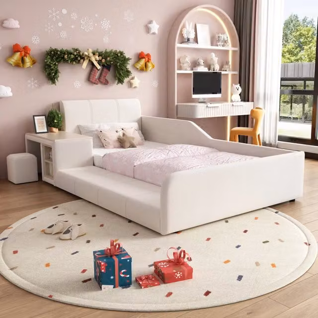 Letto singolo imbottito per bambini con scrivania; sgabello e ripiano; velluto bianco 90x200 cm