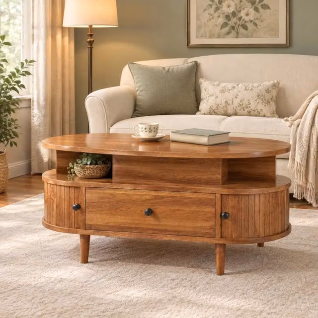 Tavolino da salotto elevabile con cassetto, 2 ante scorrevoli e ripiani per soggiorno in MDF noce 105×50×60.5 cm