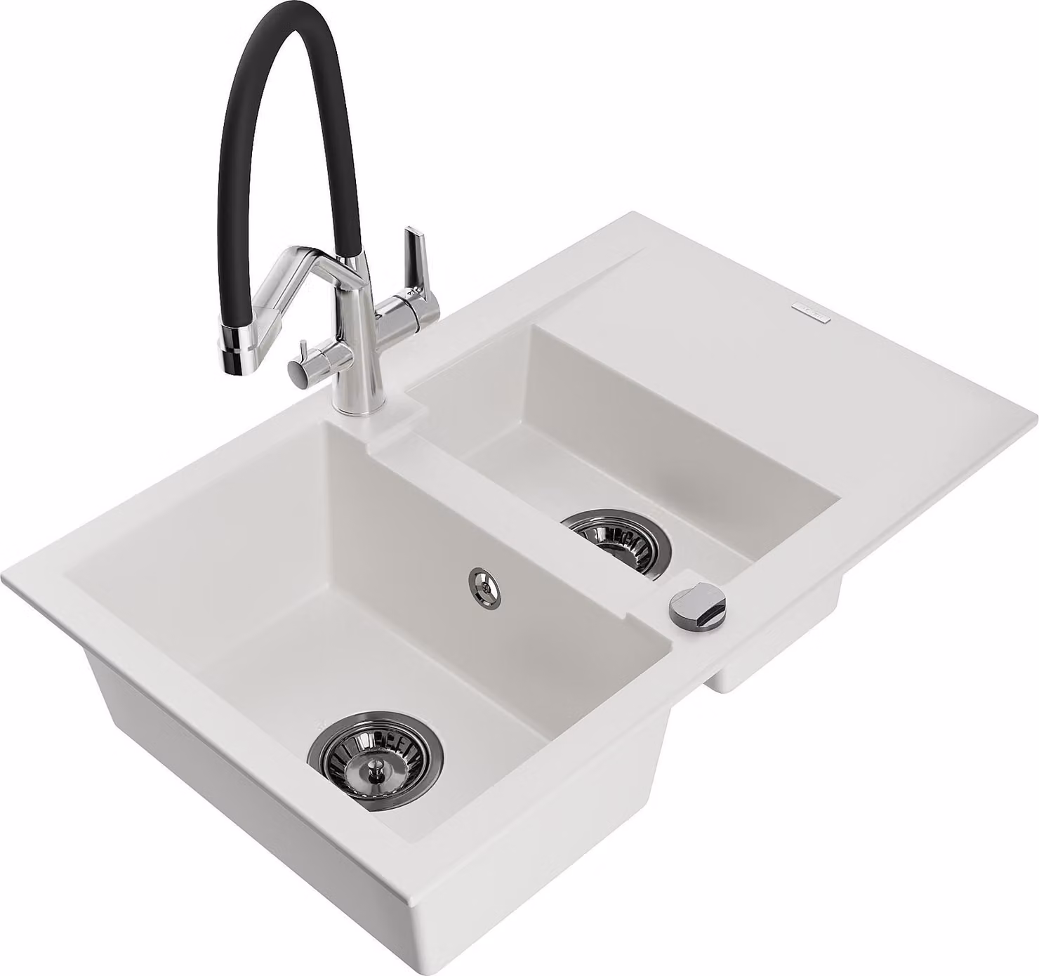 Mexen Gaspar lavello in granito 1,5 vasche con sgocciolatoio e rubinetto cucina Duo, bianco - 6507-20-671701-07-B