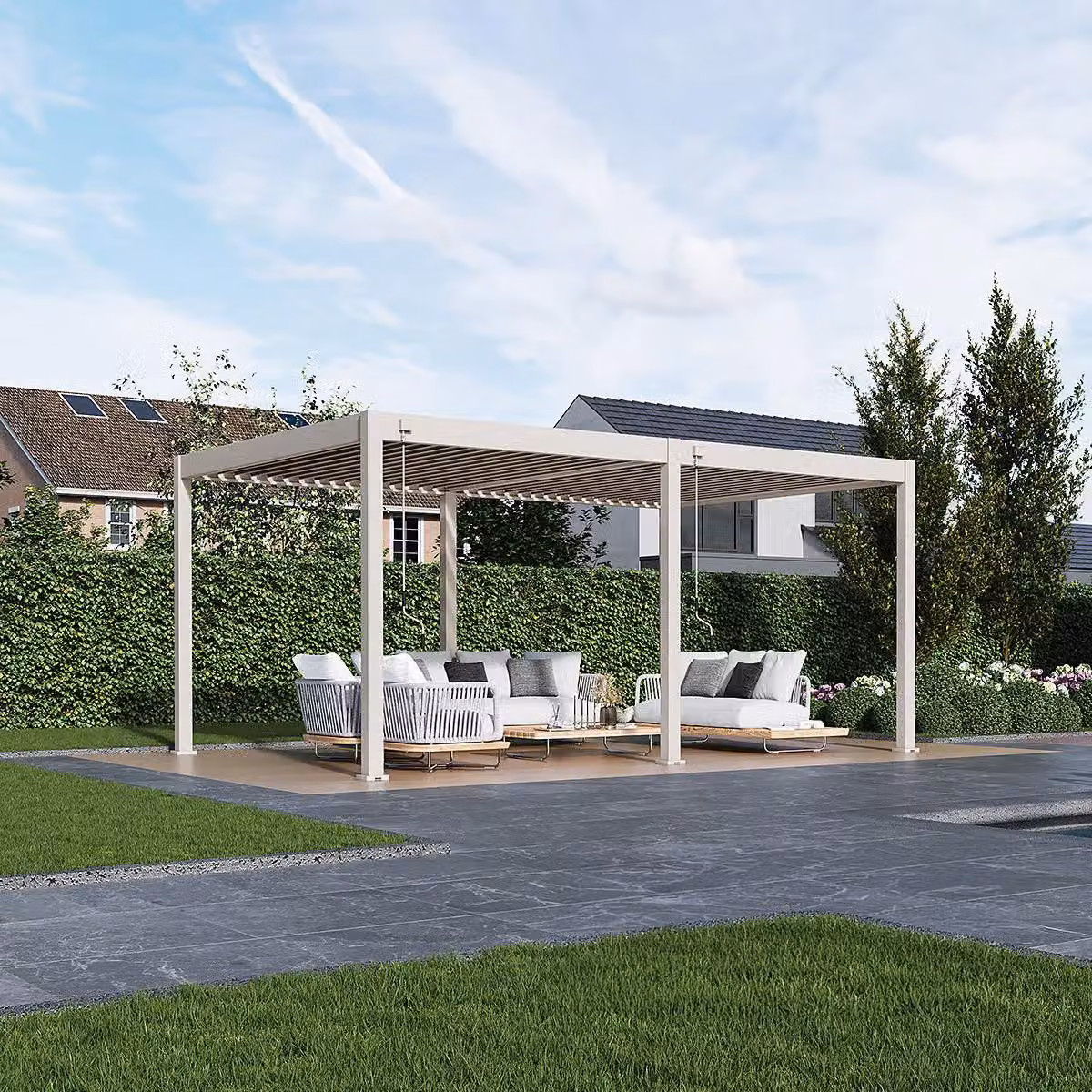 Pergola Weide Deluxe interamente in alluminio 3,6x5,3 m con tetto a lamelle, autoportante, colore Ivory Sand