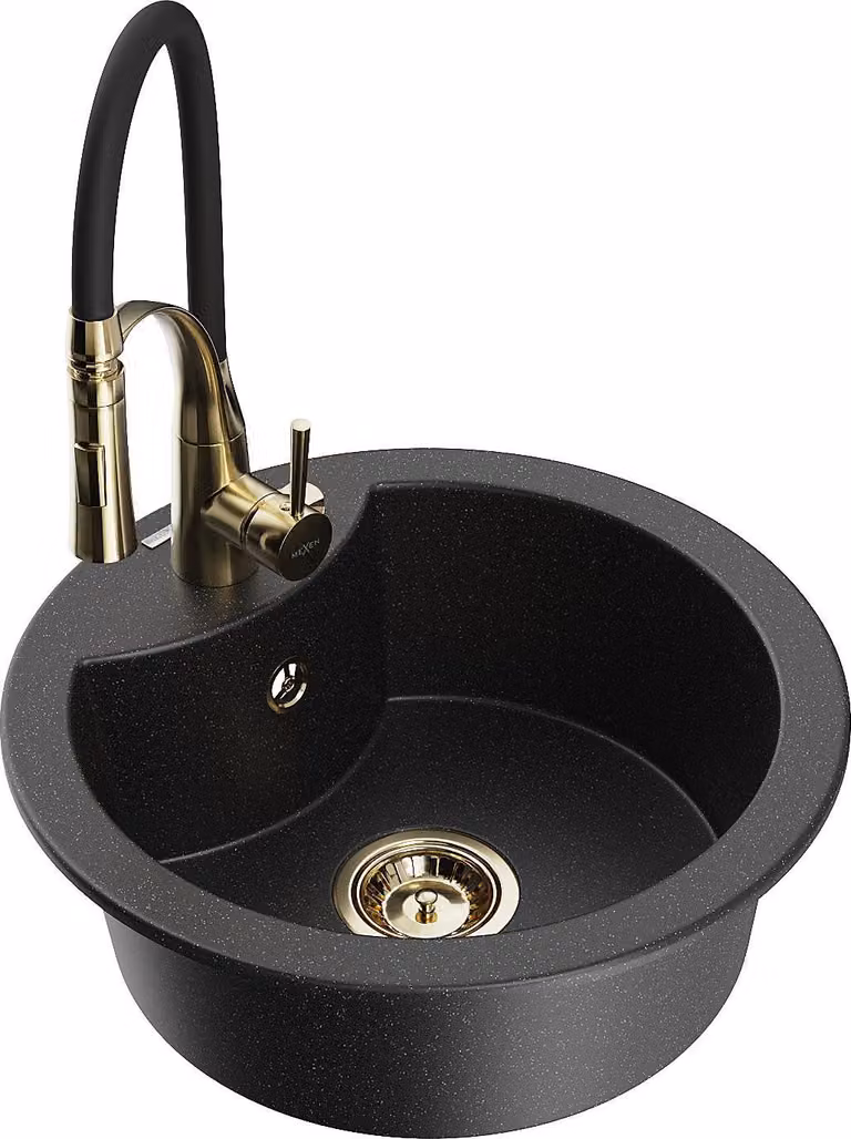 Mexen Diego lavello da cucina in granito a 1 vasca con miscelatore Aster, nero/metallo argento - 6512-73-73450-57-G