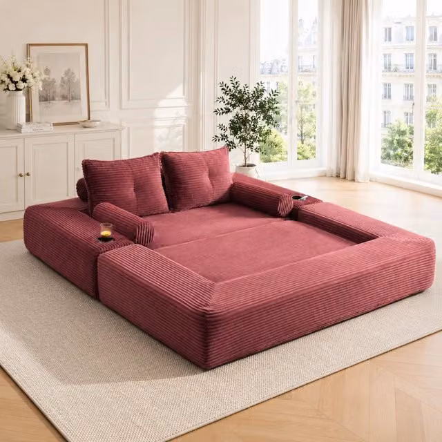 Divano letto in velluto a coste con cuscini memory, tasche laterali e portabicchieri, vino rosso 180 × 98 × 80 cm