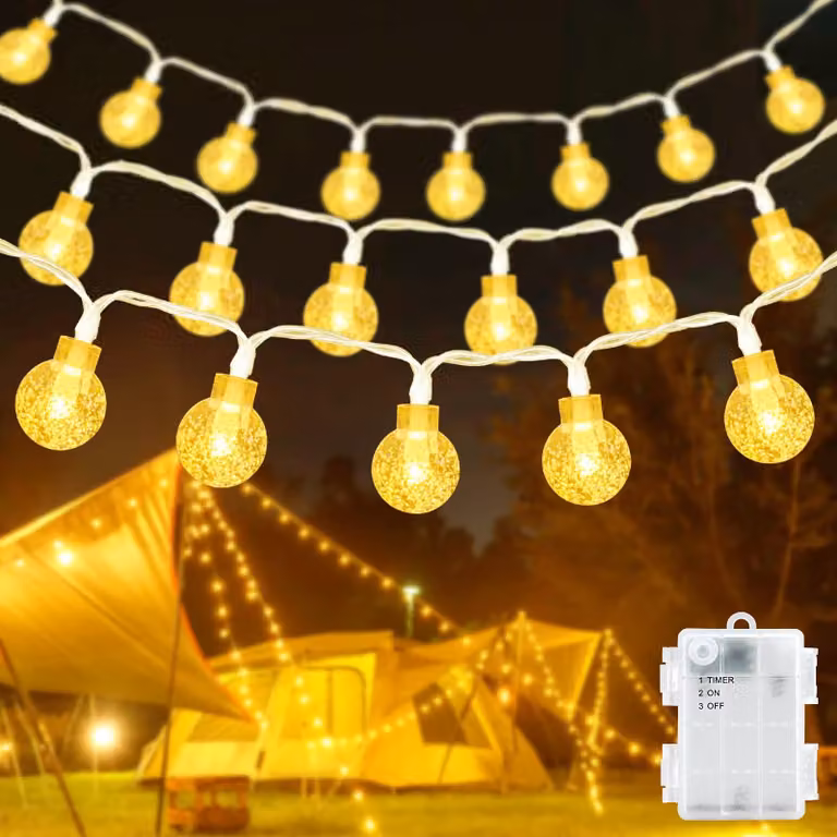 Catena luminosa da 6 metri, con 40 LED, decorata con sfere di cristallo, luce bianco caldo, grado di protezione IP65, con timer