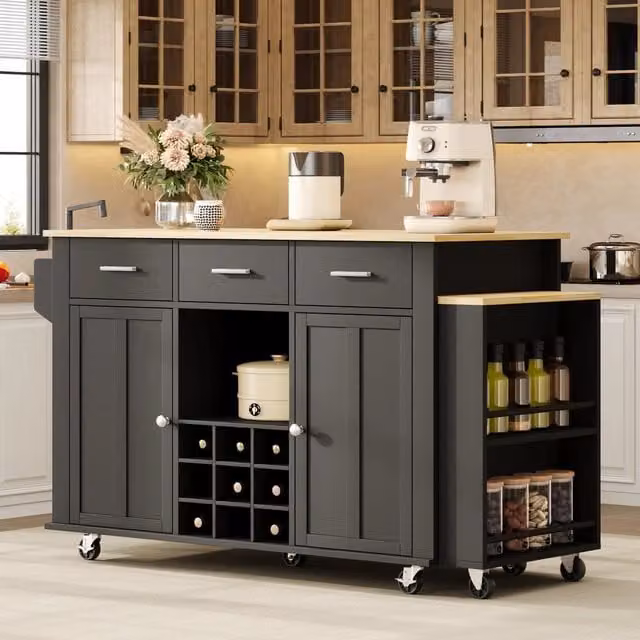 Carrello da cucina con piano estraibile, 3 cassetti, portabottiglie e prese, su 7 ruote, nero naturale, 136 × 50 × 93 cm