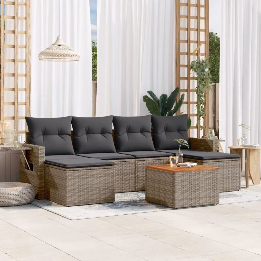 vidaXL Set Divani da Giardino 7 pz a Forma a L in Polyrattan Grigio con Cuscini e Tavolino – 1