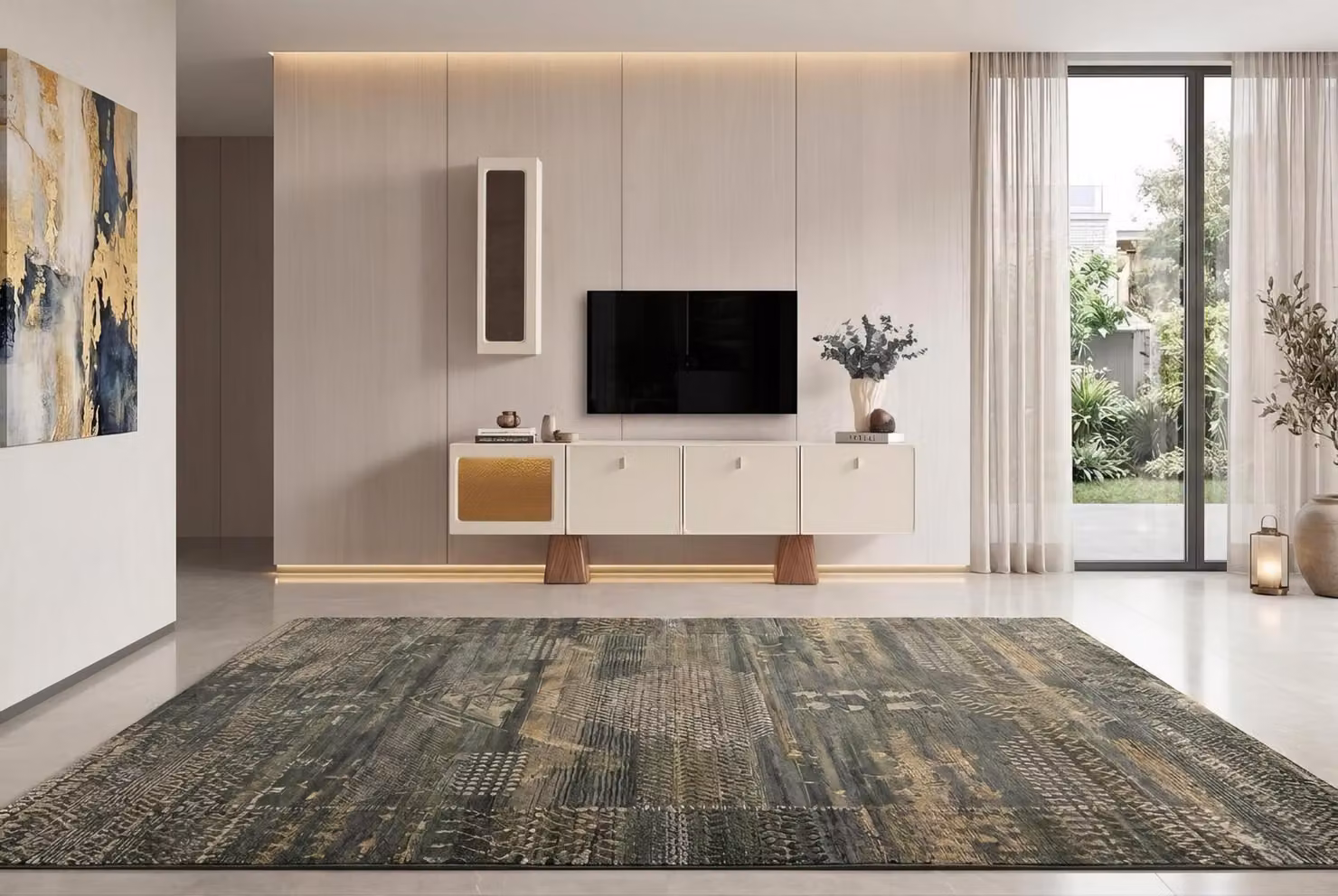 Set di mobili contenitori a parete, stile moderno, beige, elegante, composto da una credenza bassa e un mobile contenitore