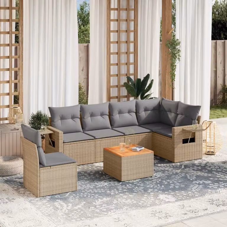 vidaXL Set Divani da Giardino 7 pz a Forma a L in Polyrattan con Cuscini Beige e Grigio