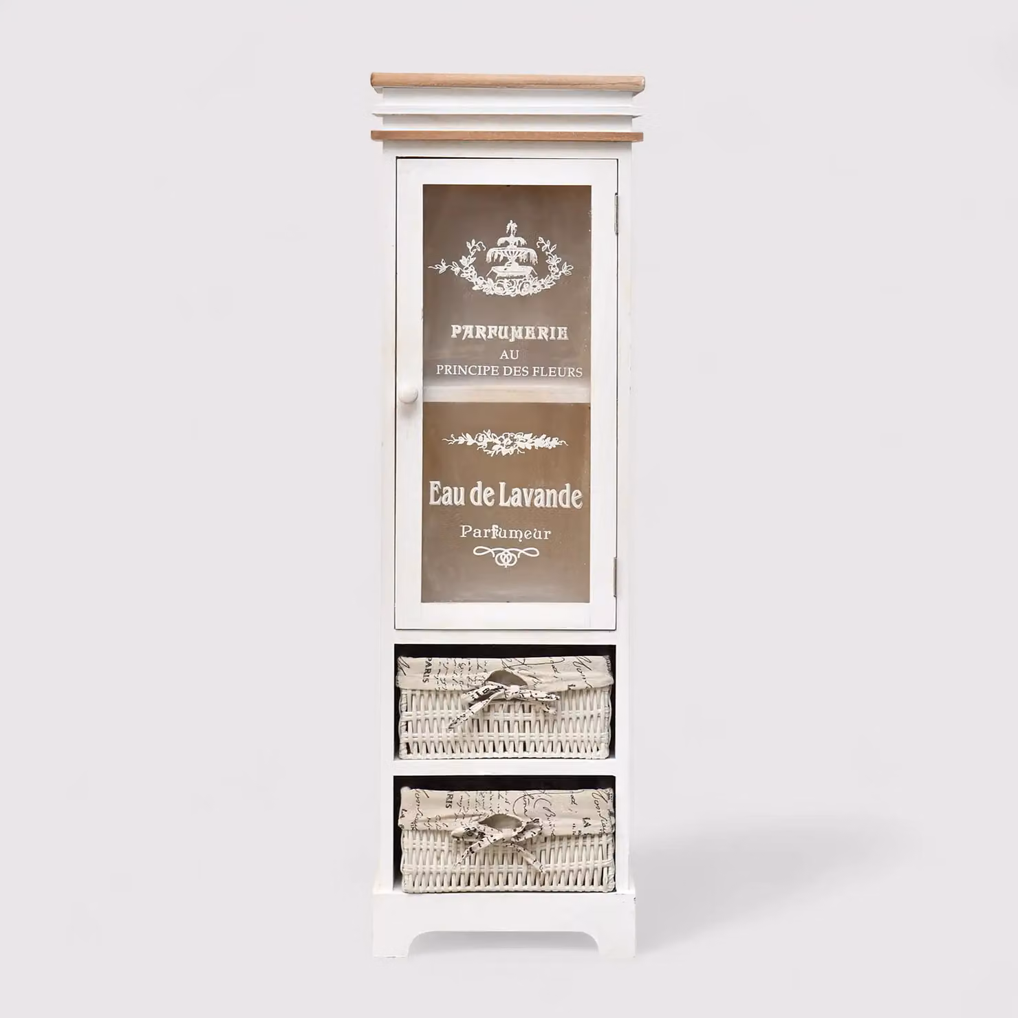 Lavanda - Vetrinetta shabby decorata con scritte con 1 anta e 2 cestini