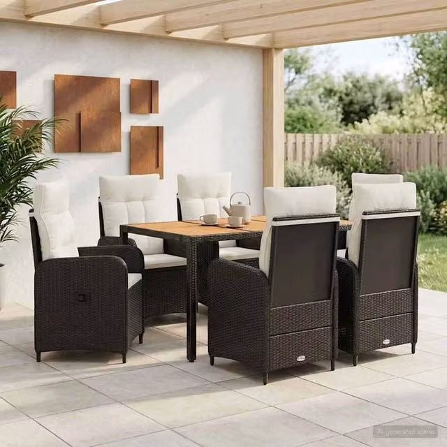 Set da pranzo per esterni vidaXL in polyrattan da 7 pezzi Nero e Bianco con tavolo in legno di acacia L/P/H: 150 x 90 x 75 cm – 1