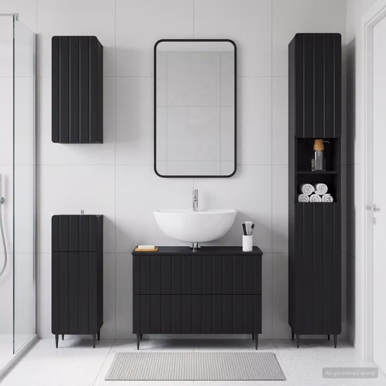 Set di mobili da bagno moderno vidaXL ZWOLLE nero in legno, composto da 4 pezzi con mobile lavabo e pensile a parete