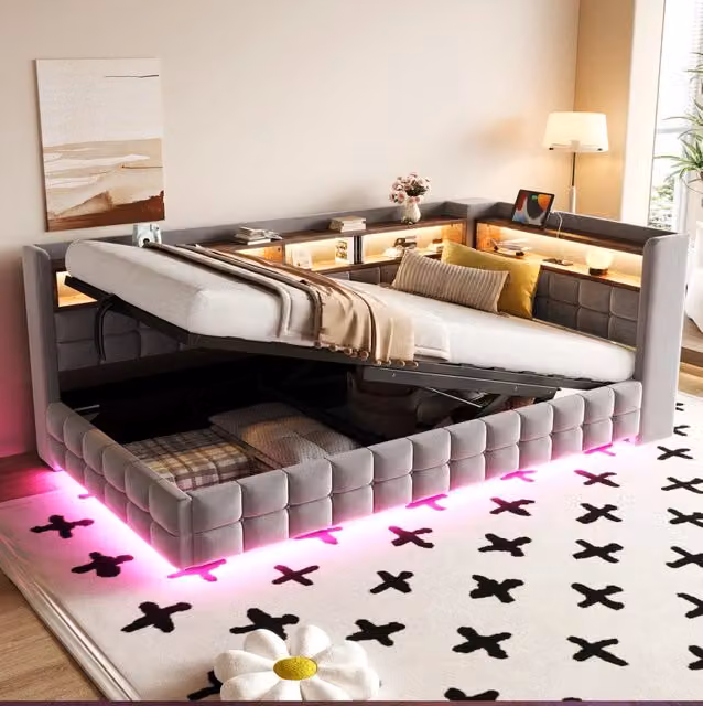 Letto contenitore 90x200 in velluto grigio chiaro con LED, senza materasso –