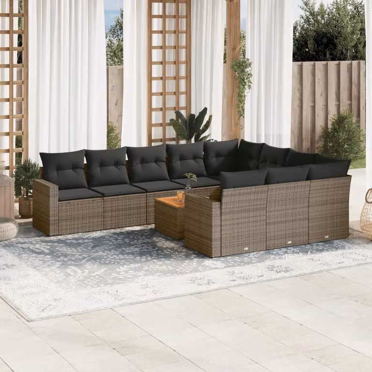 vidaXL Set Divani da Giardino 11 pz in Polyrattan Grigio con Cuscini e Tavolino da Caffè