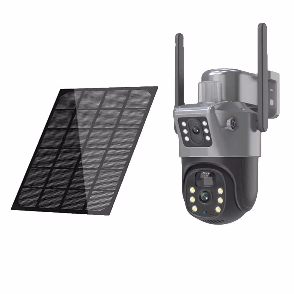 Telecamera di sicurezza solare da 8MP, visione notturna fino a 30 metri, doppia lente con rilevamento PIR, telecamera Wi-Fi, senza scheda di memoria