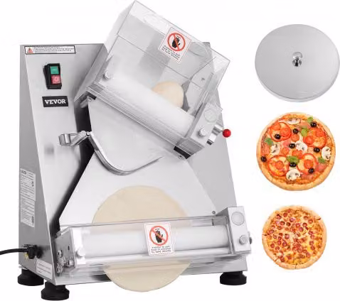 Sfogliatrice per Pizza VEVOR in Acciaio Inox Color Argento, Pressa Automatica Elettrica Commerciale da 370 W con Spessore Regolabile da 76,2 a 355,6 mm e Coperchio