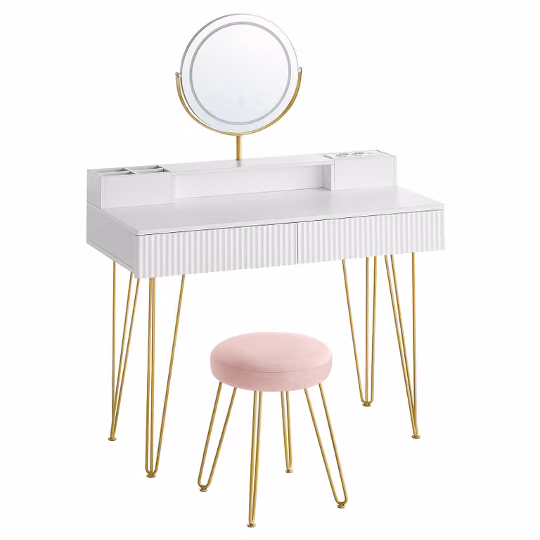 VASAGLE tavolo da toilette con sgabello e illuminazione, ciabatta elettrica, specchio, tavolo da toilette, 40 x 100 x 134,8 cm, tavolo cosmetico con cassetti