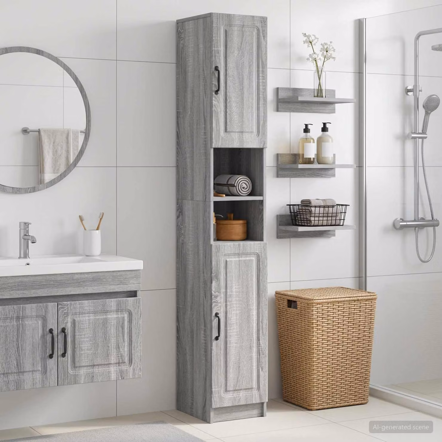 Armadio da bagno moderno vidaXL UTRECHT con ripiano aperto e ante a battente, grigio e nero
