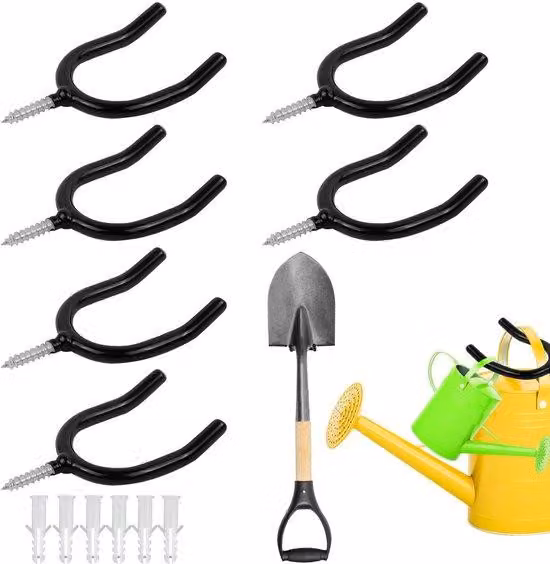 Supporto da parete per attrezzi da giardino, 6 pezzi, nero, metallo