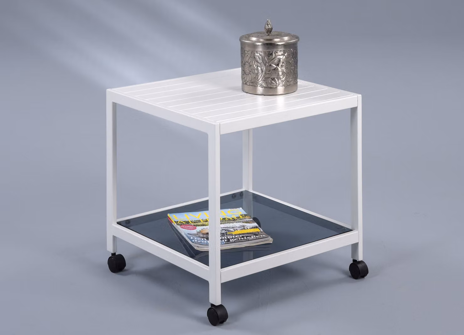 Tavolino / tavolino di servizio "Tago" su rotelle - metallo - bianco - 50x50x50 cm
