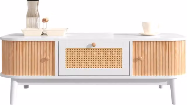 Tavolino da caff¨¨ - tavolino da caff¨¨ in rattan, cassetti con inserti in rattan e ante scorrevoli con doghe in legno massello, gambe in legno