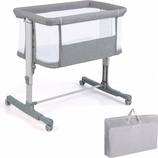 Culla per bambini 3 in 1 con 5 livelli di altezza regolabili, borsa da viaggio e traversina inclusa, Grigio – 1
