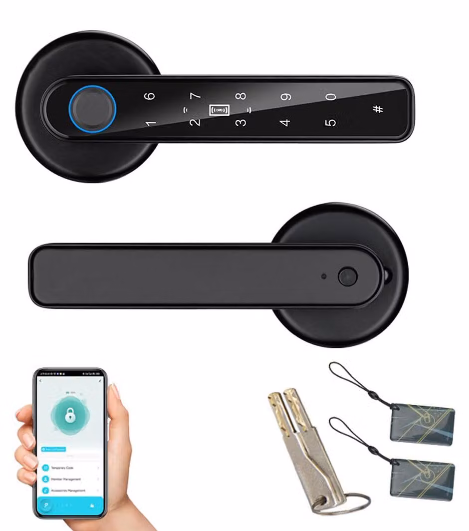Serratura per porta con impronta digitale, 5 funzioni in 1, controllo tramite app, lettore di carte IC, password, tastiera di backup, ideale per camere da letto e altro