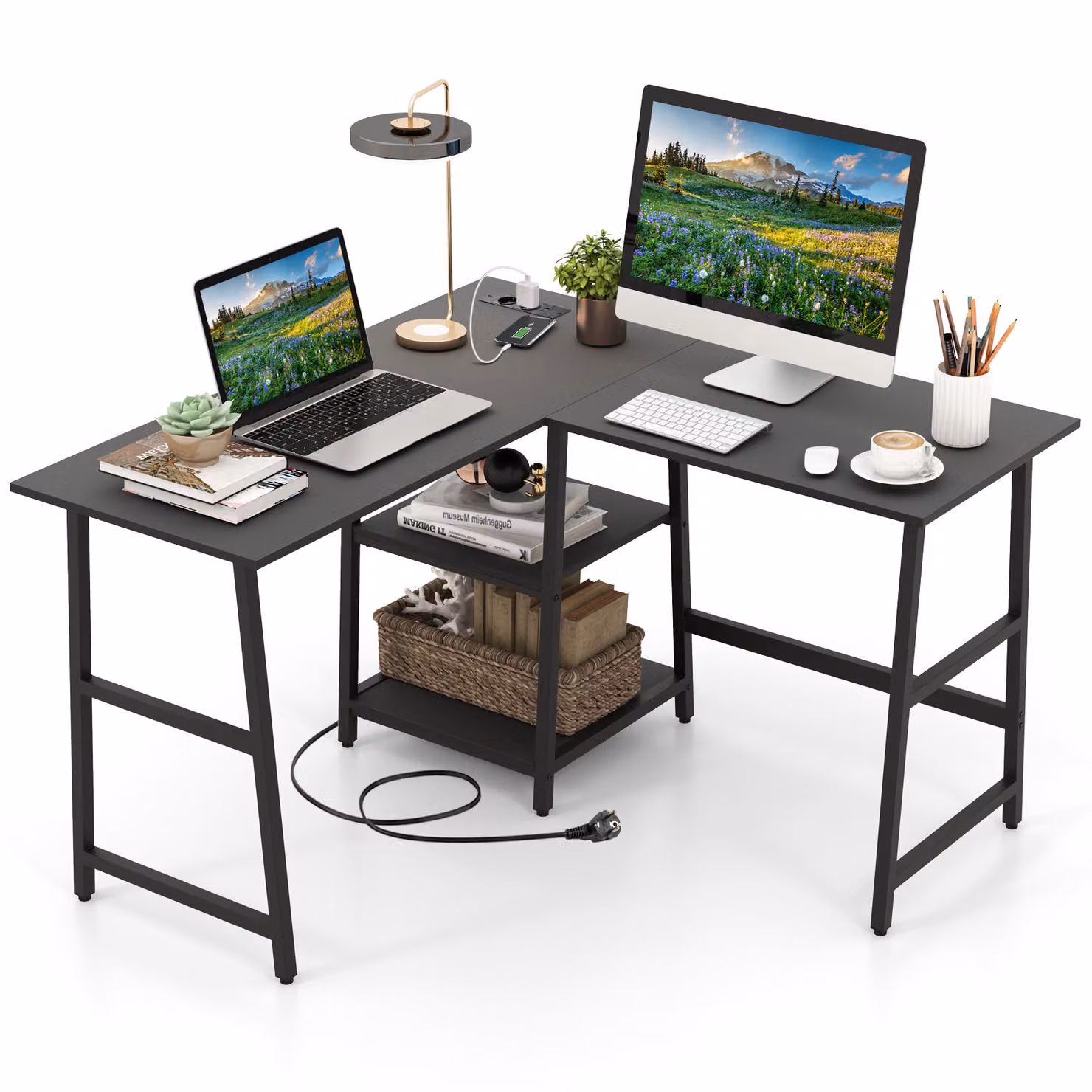 COSTWAY Scrivania a L, scrivania angolare con prese di corrente, porte USB e ripiani, scrivania per computer, scrivania per ufficio 120x120x75cm nero rustico