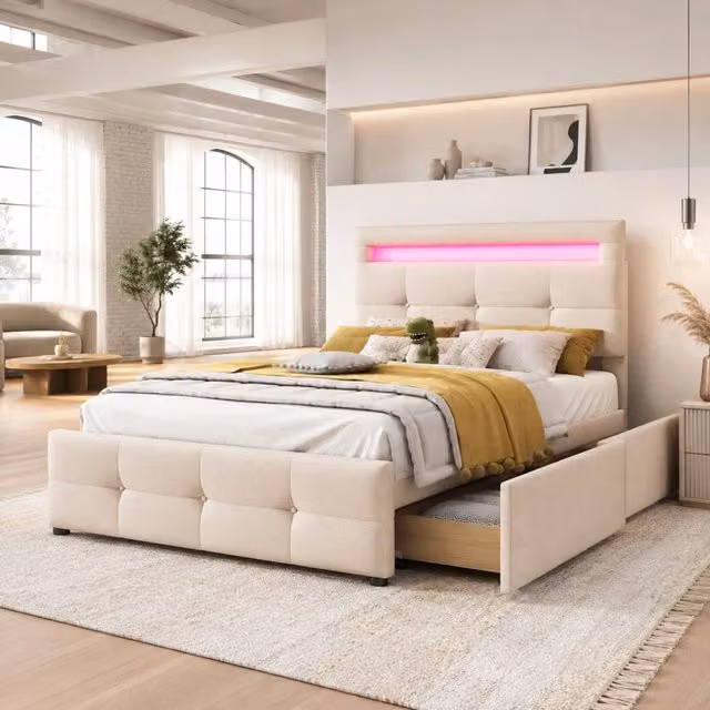 Letto Mivray moderno con cassetti, illuminazione LED sottostante e testiera regolabile, rivestito in tessuto beige L/P/H: 150 x 210 x 99 cm