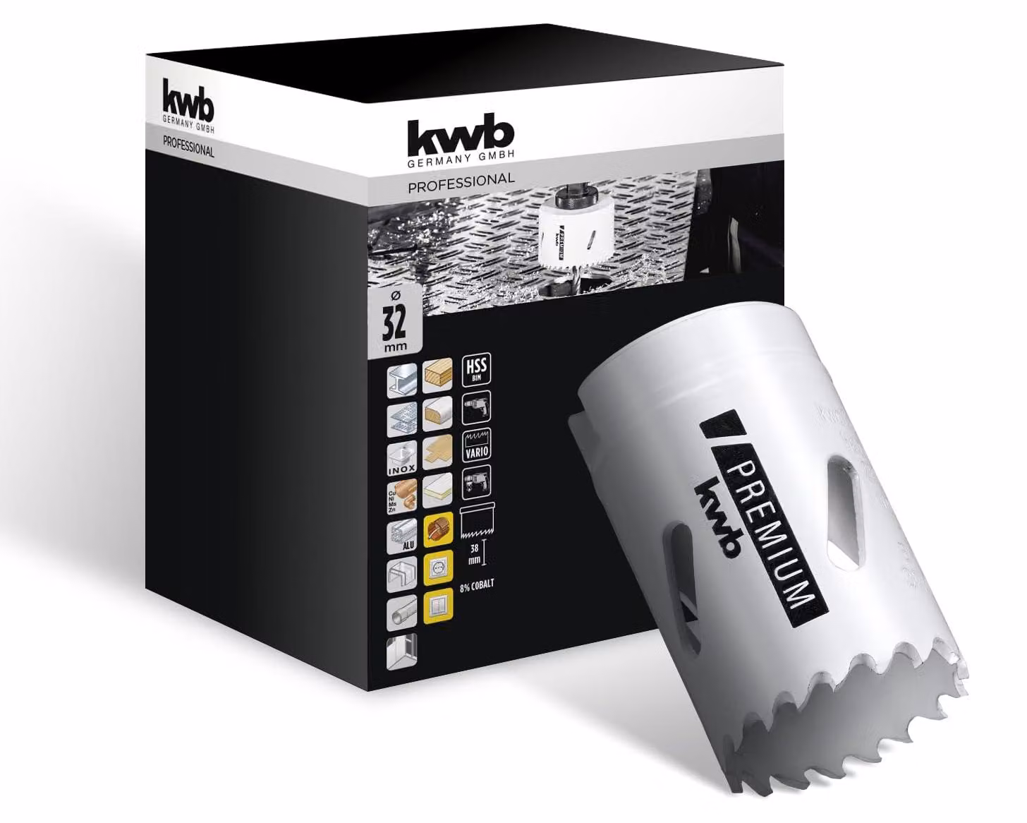 Sega a tazza bimetallica kwb HSS Ø 32 mm, lega di cobalto all'8% con dentatura progressiva Vario e alta precisione per un impiego versatile