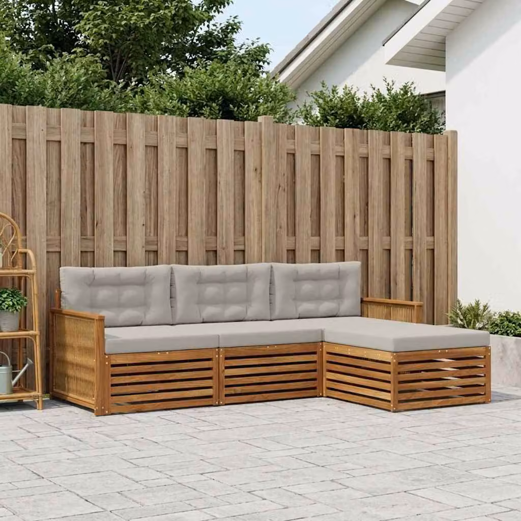 vidaXL Set di divani da esterno a L in legno di acacia con pouf e cuscini, Naturale e Grigio Chiaro