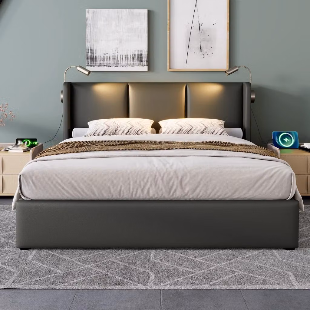 Letto contenitore Mivray grigio con testiera dotata di lampada da lettura e porte USB, L/P: 180 x 200 cm – 2