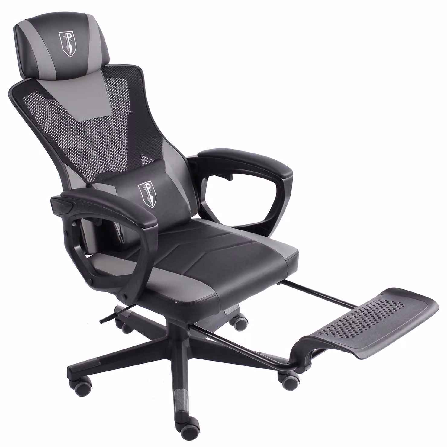 Sedia da gaming dal design moderno in stile racing con poggiapiedi ribaltabile - Sedia da gaming con braccioli regolabili - Sedia da scrivania ergonomica da gaming con cuscino di sostegno aggiuntivo, Colore: Nero/Grigio