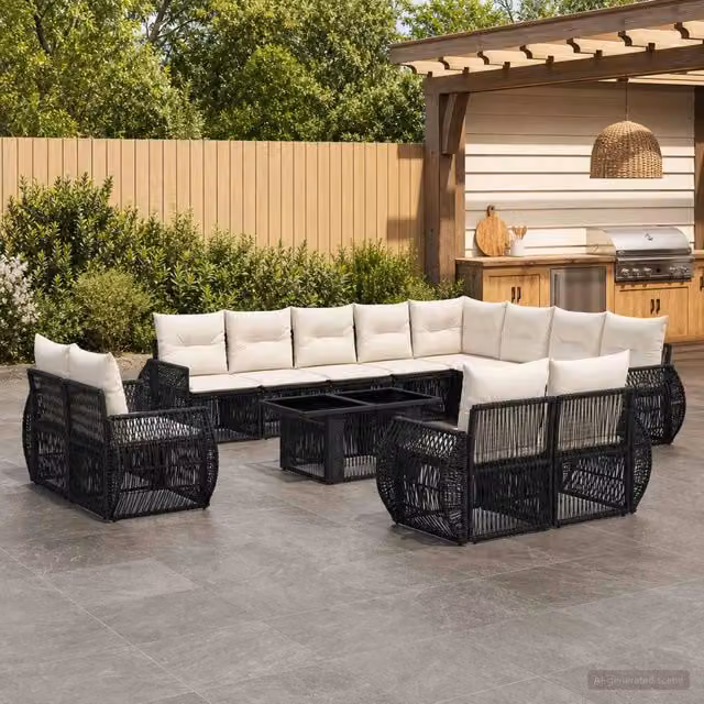 Set Divano da Giardino vidaXL a forma a U in Polyrattan con Tavolino da Caffè e Cuscini, Nero e Bianco Crema – 1