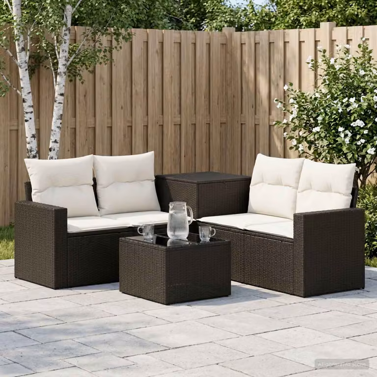 Set di divani da giardino vidaXL in polyrattan nero e bianco con cuscini e tavolino da caffè coordinato