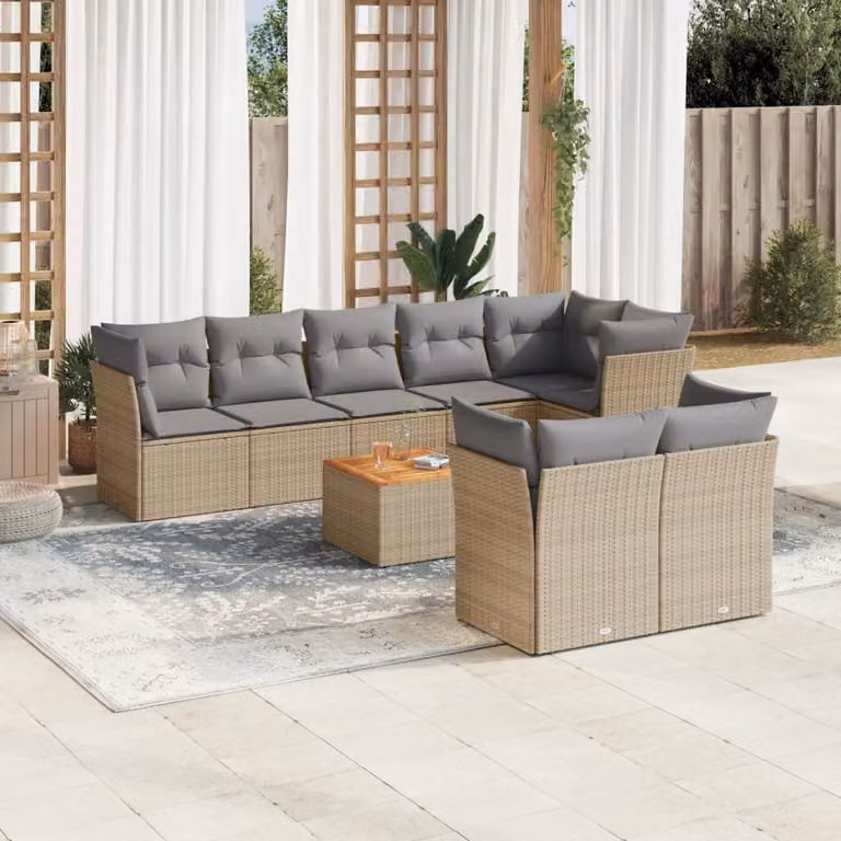vidaXL Set Divano da Giardino a Forma di U in Polyrattan con Cuscini Beige e Grigio e Tavolino da Caffè