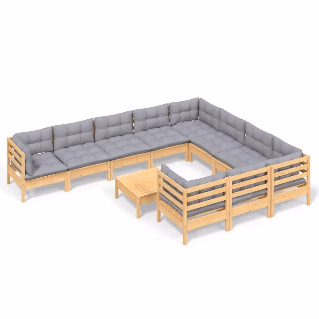 Set di divani da giardino vidaXL in legno di pino massello con cuscini grigi, composizione a forma di U da 11 pezzi – 2