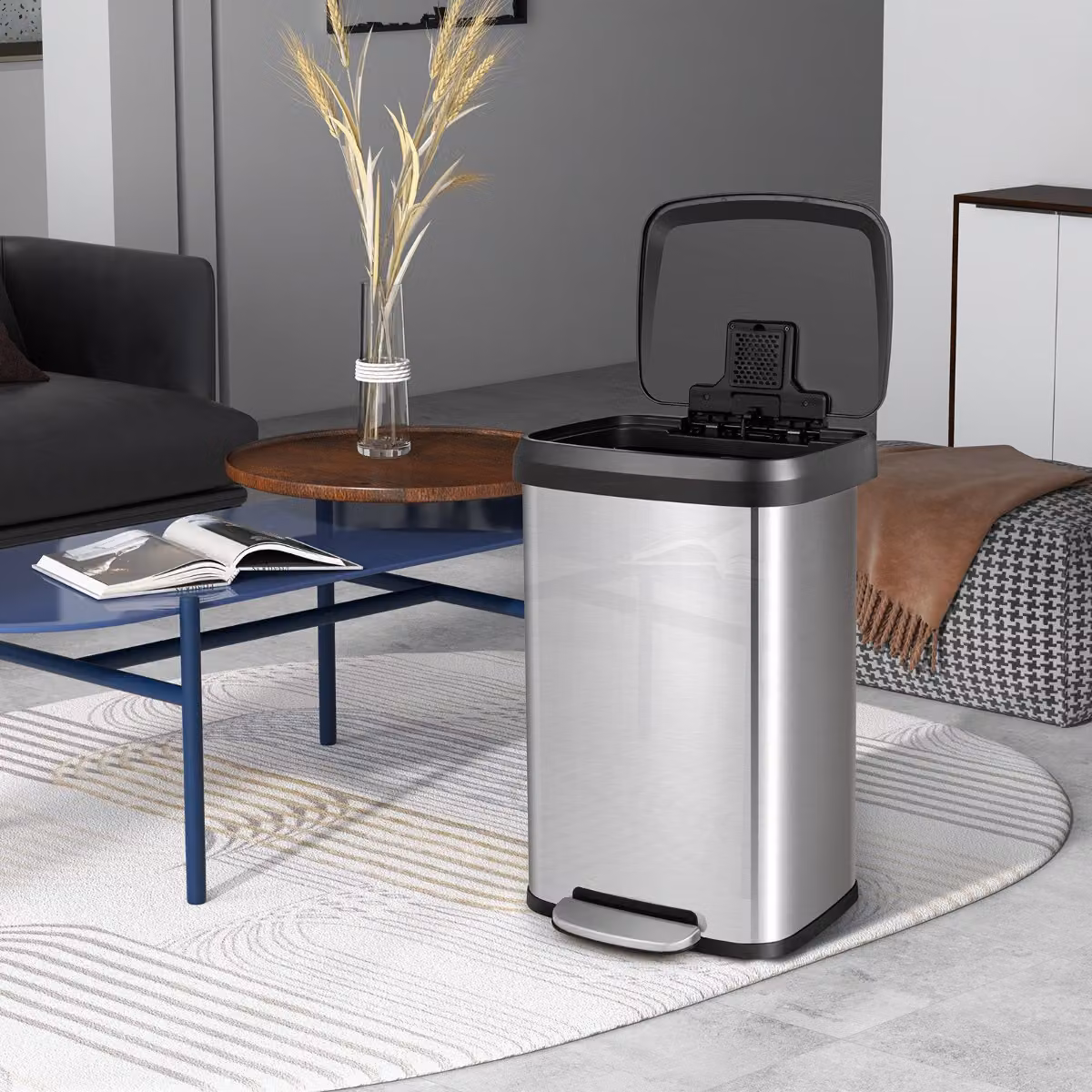 Cestino dell'immondizia Costway in acciaio inox con coperchio a chiusura automatica e filtro per odori, Argento, 50 l