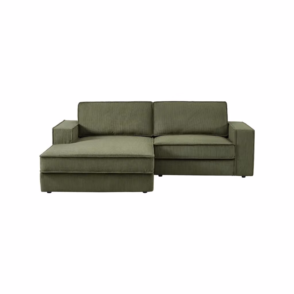 Divano angolare sinistro SWEEEK a 3 posti in velluto a coste verde kaki con struttura in legno massiccio e cuscini inclusi, L/P/H: 231 x 156 x 83 cm – 2
