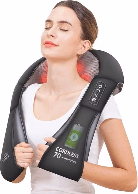 Apparecchio di massaggi in rilievo wireless per collo, schiena e spalle con calore - Cuscino di massaggi a rilievo 4D ricaricabile
