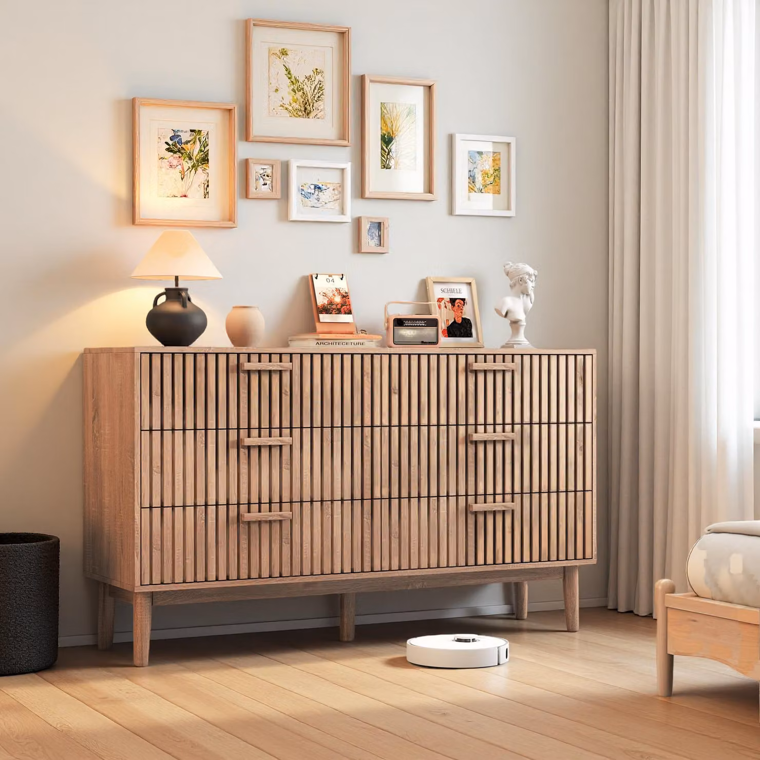 Cassettiera a 6 cassetti in legno naturale, design moderno e minimalista, grande capacità di stoccaggio, struttura robusta e stabile per la camera da letto o il soggiorno